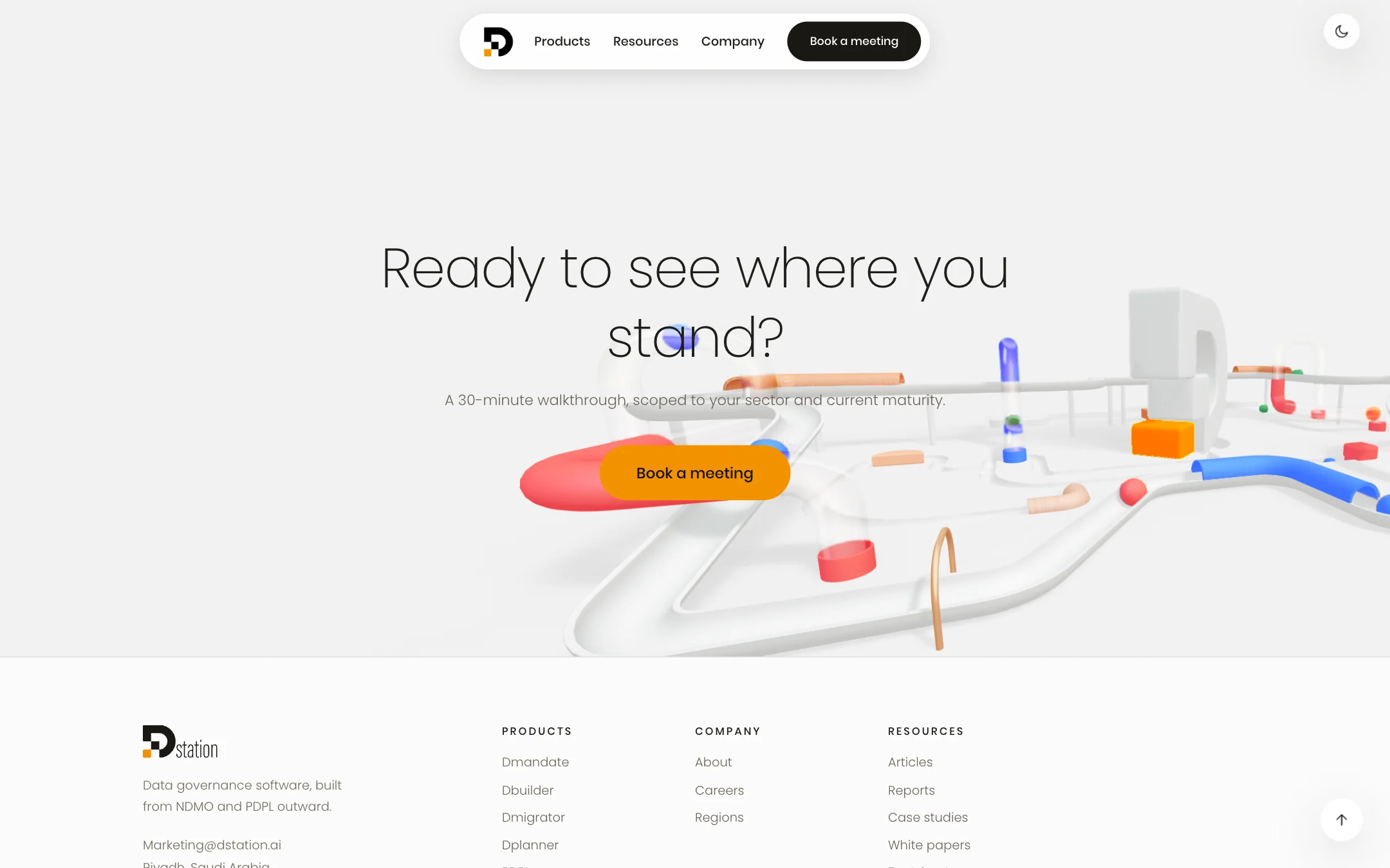 Ready to see where you stand? A Book a meeting button over the 3D scene, the D close behind it