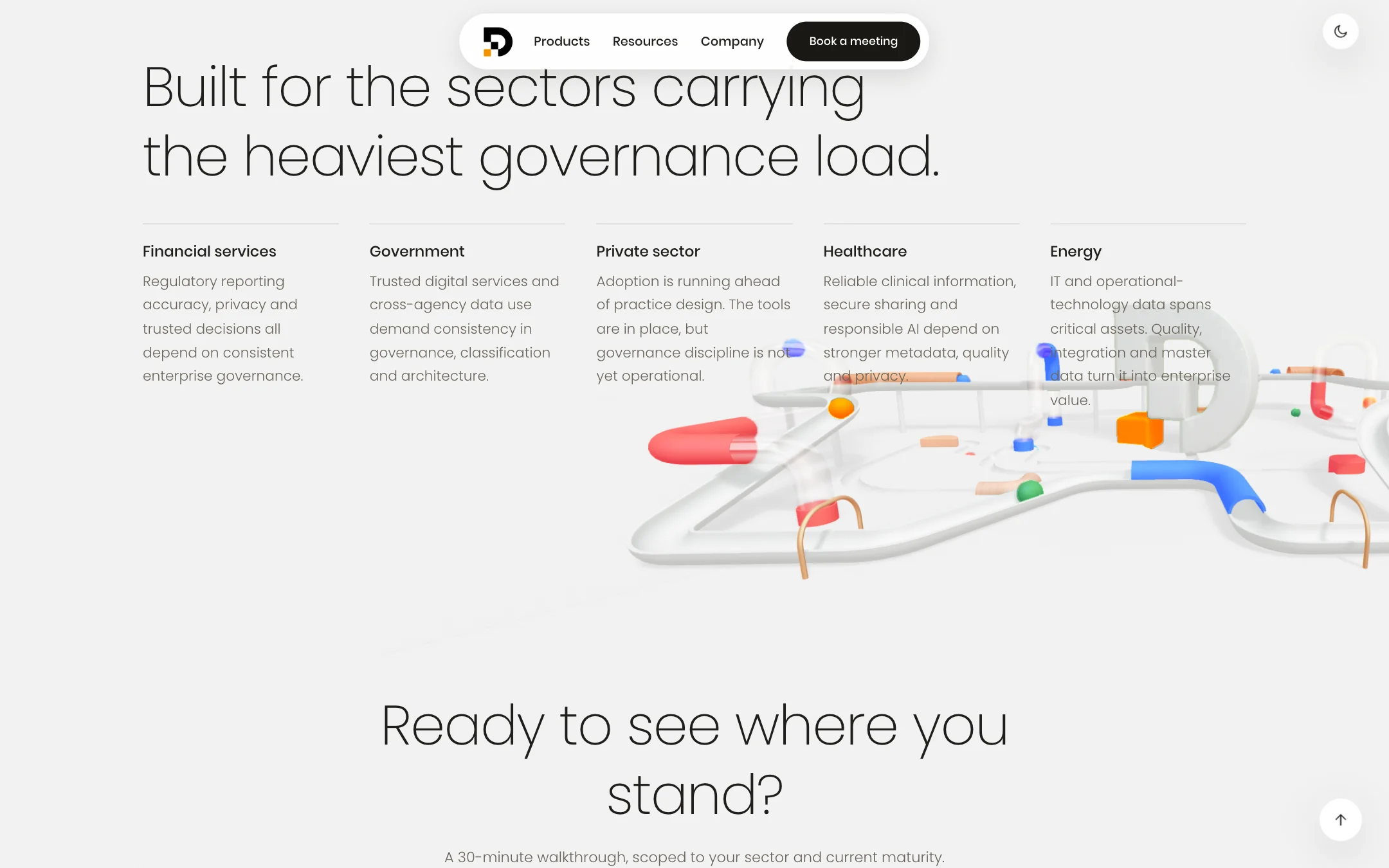 Built for the sectors carrying the heaviest governance load: five sectors in columns over the 3D scene