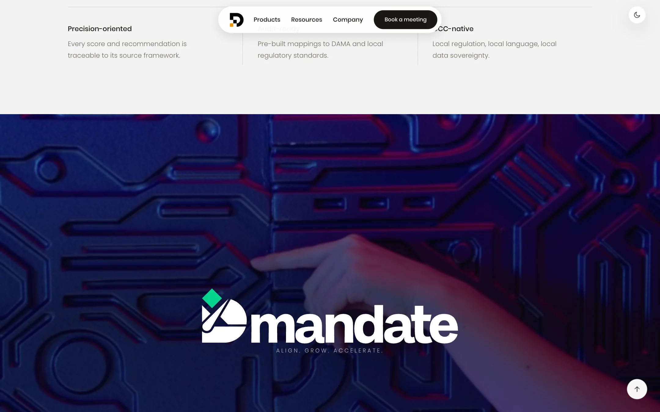 Three values above the maturity film: Precision-oriented, Audit-ready and GCC-native