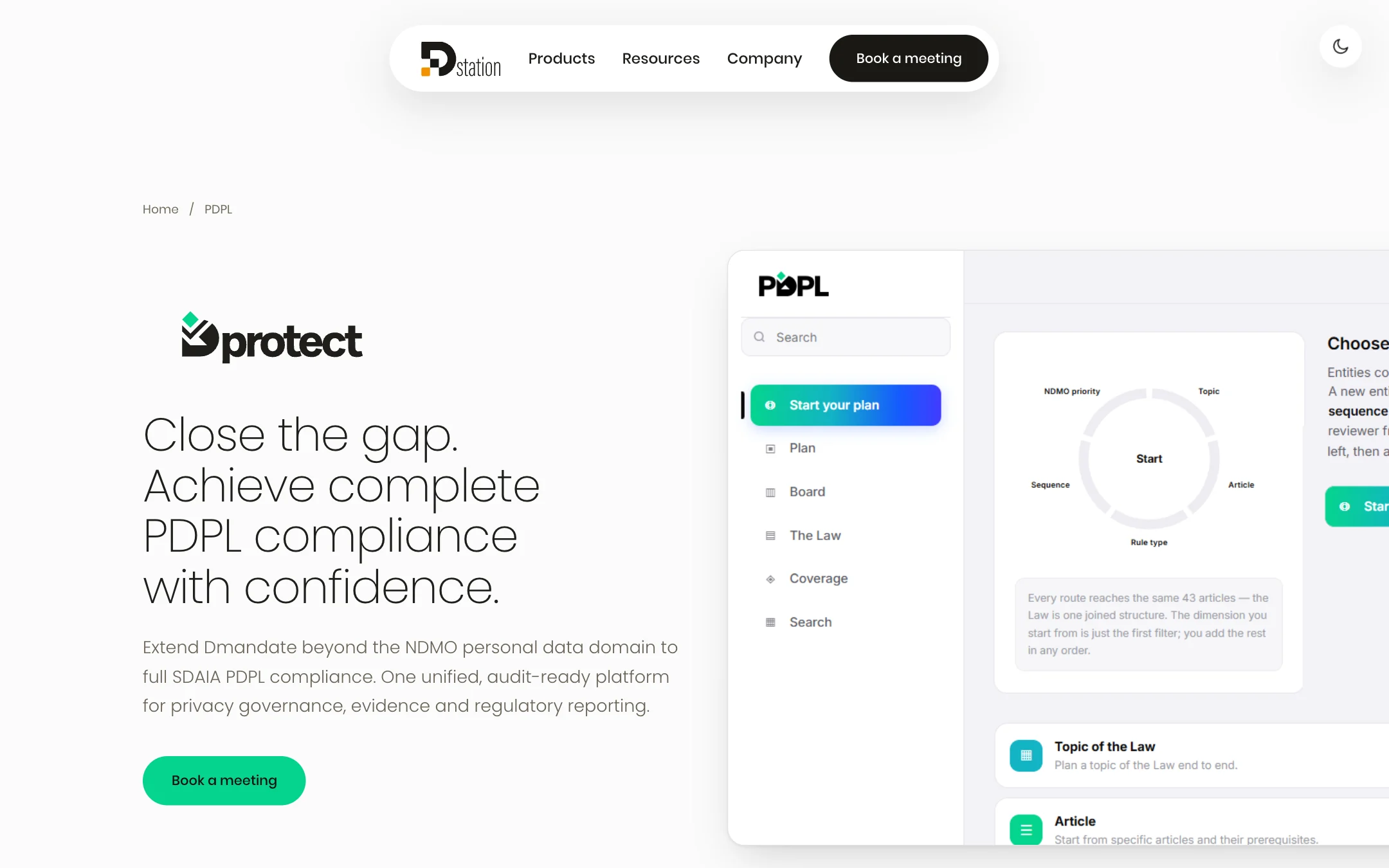 The privacy product page with the Dprotect wordmark, a PDPL breadcrumb and a PDPL interface mockup