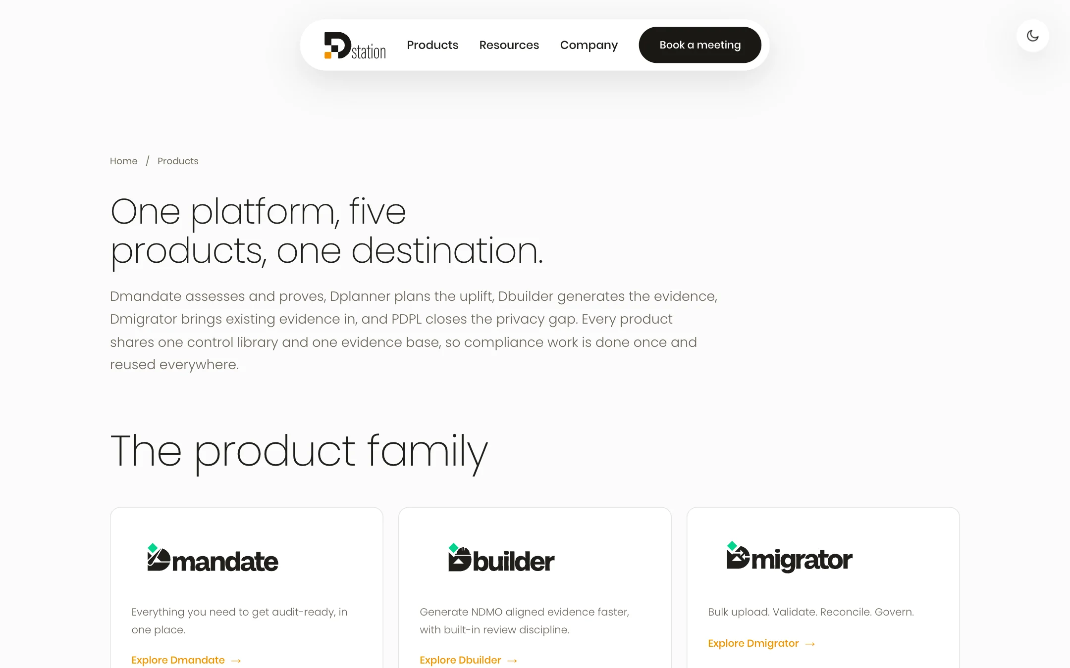 The Products page: One platform, five products, one destination, above the product family cards