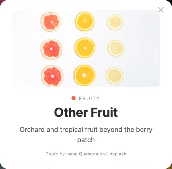 Flavour card: Other Fruit, in the Fruity family. Orchard and tropical fruit beyond the berry patch