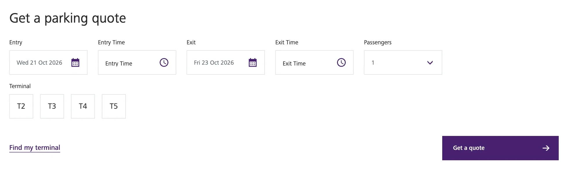 The Get a parking quote form: entry and exit dates and times, passengers, the terminal buttons T2 to T5, Find my terminal and Get a quote