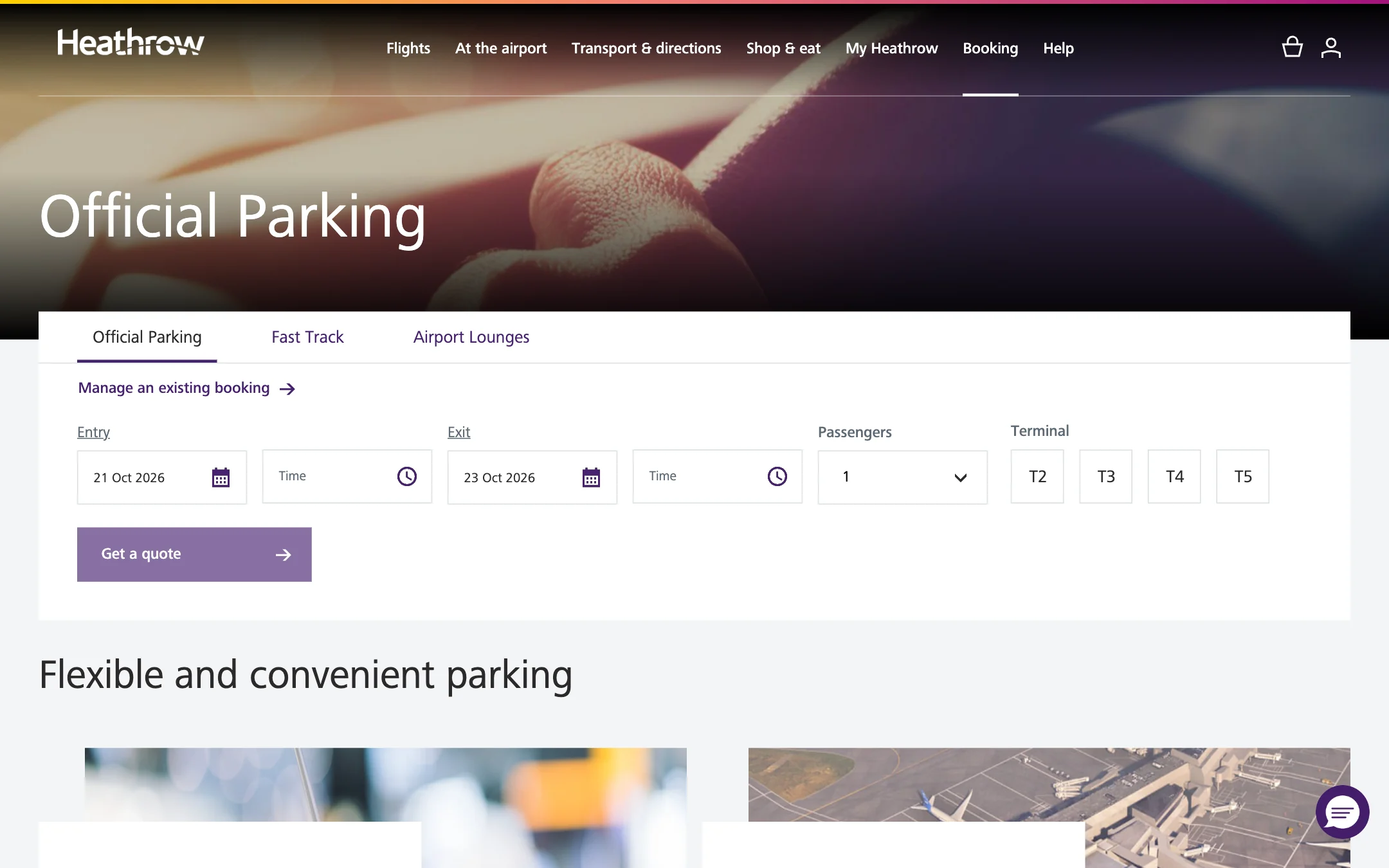 The Official Parking booking page: tabs for Official Parking, Fast Track and Airport Lounges above the quote form
