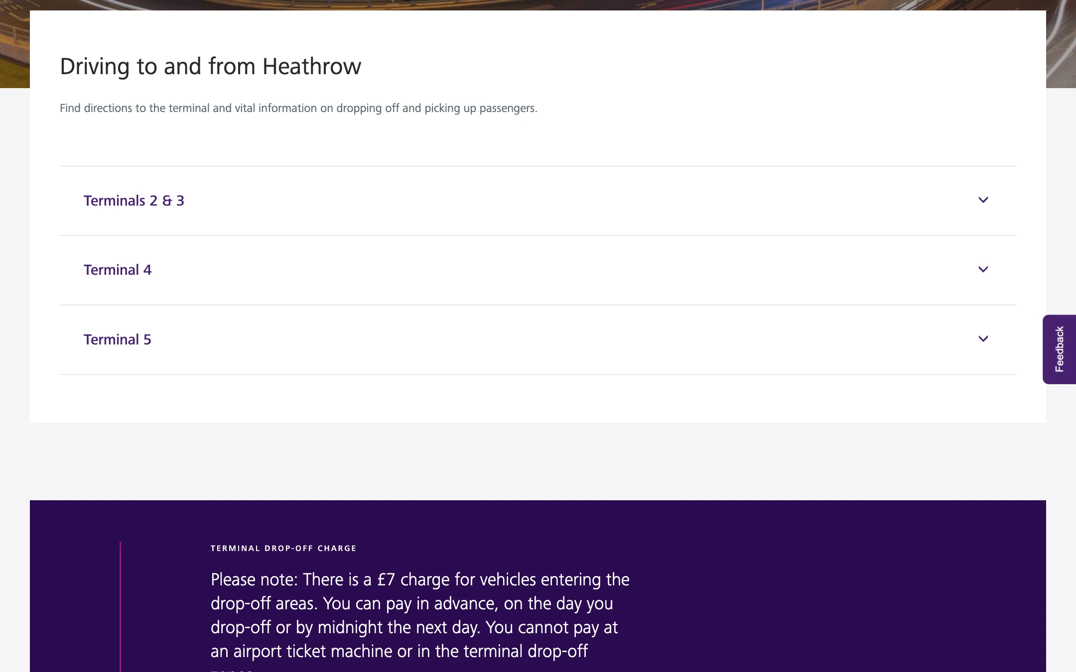 The Travel by car page: Driving to and from Heathrow with accordions for Terminals 2 & 3, Terminal 4 and Terminal 5, above a purple notice about the £7 drop-off charge