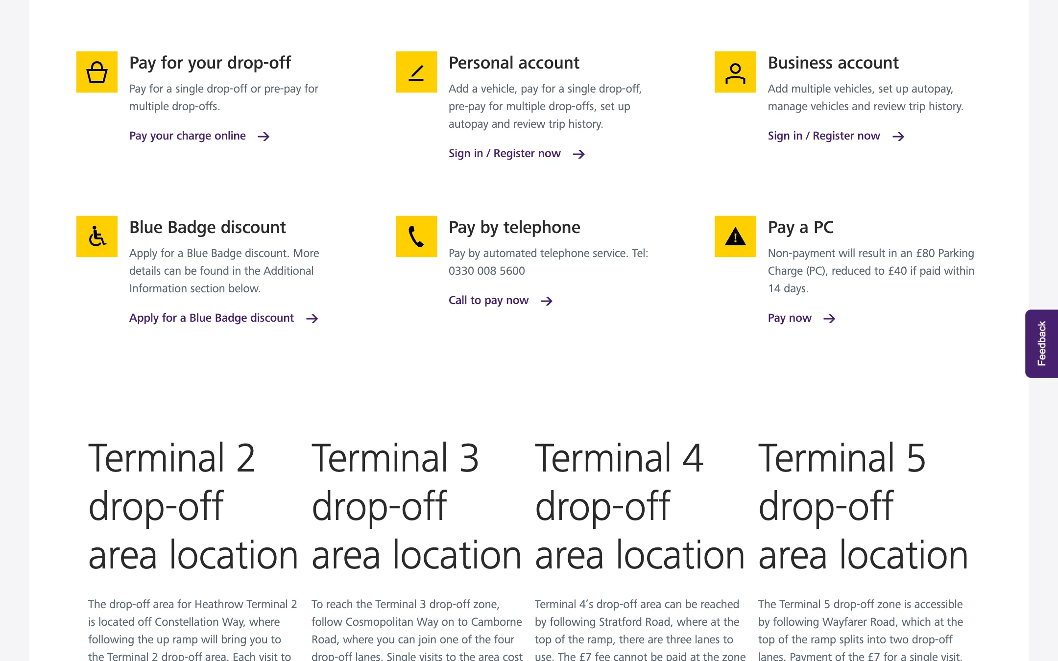 The Terminal Drop-Off Charge page's actions: Pay for your drop-off, Personal account, Business account, Blue Badge discount, Pay by telephone and Pay a PC