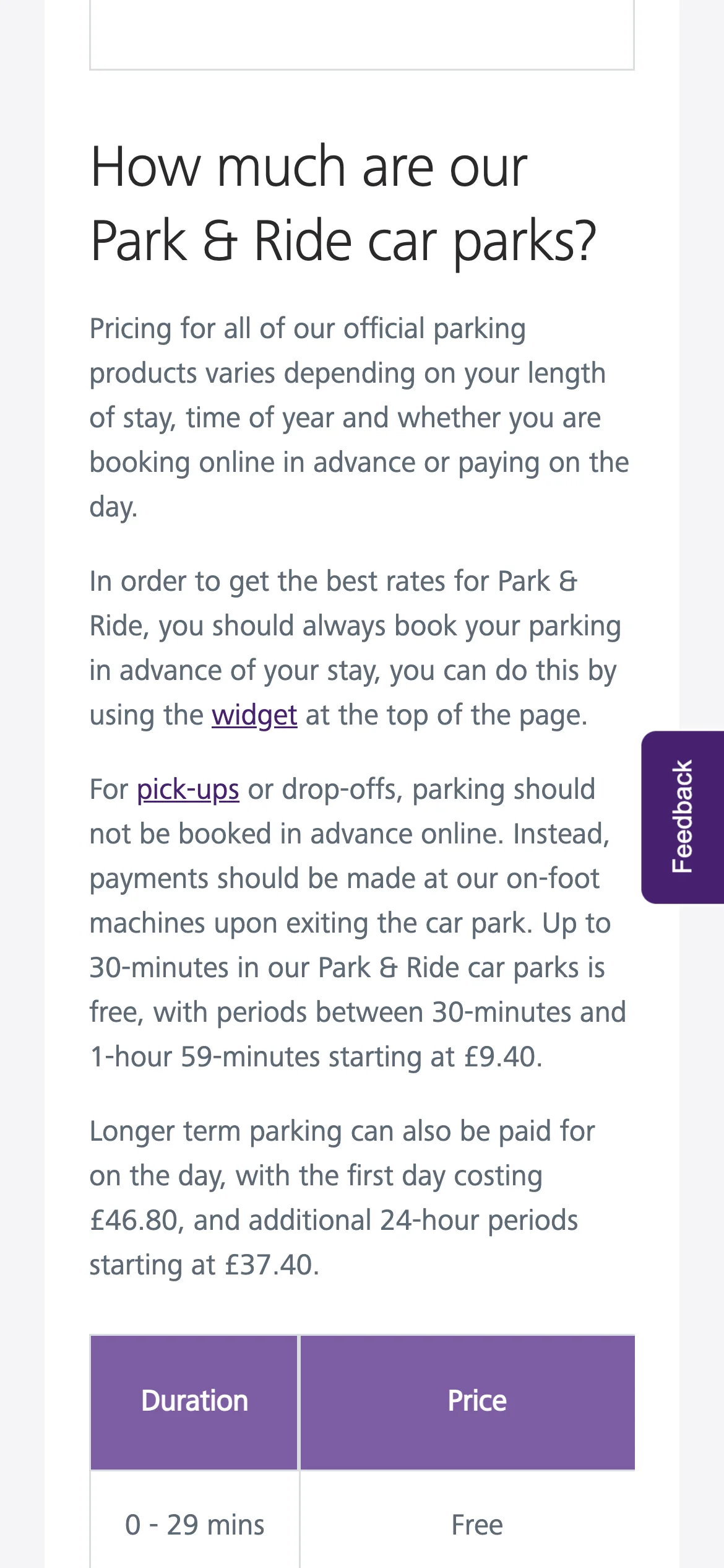 The Park & Ride price table on a phone