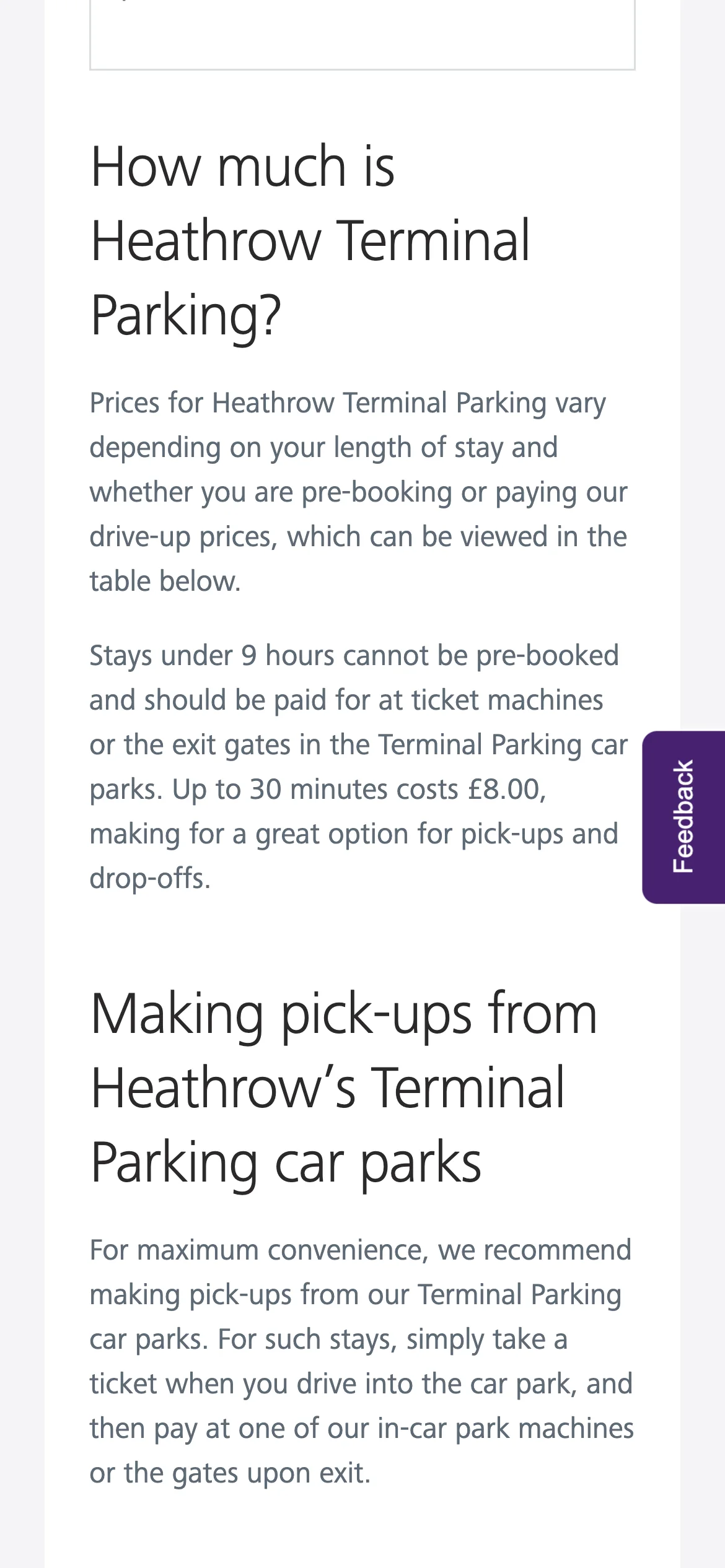 Terminal Parking pricing guidance on a phone, explaining pre-booking and drive-up prices