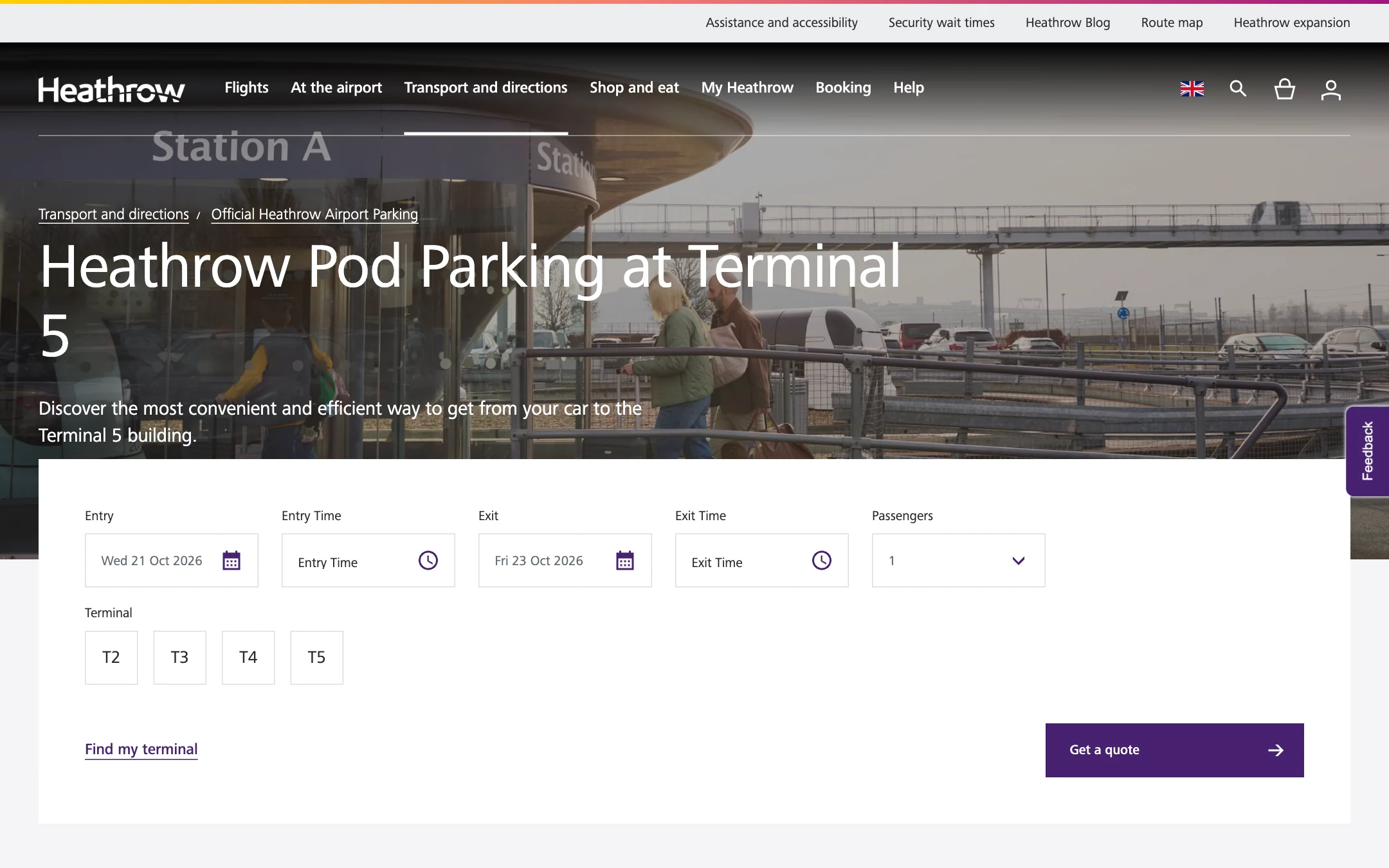 The Heathrow Pod Parking at Terminal 5 page with the quote form