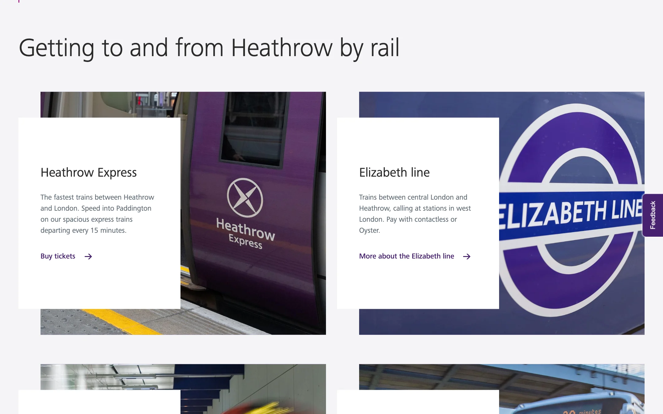 The Travel by train page's Getting to and from Heathrow by rail block: Heathrow Express, Elizabeth line, The London Underground and Rail-Air bus links as four photo cards