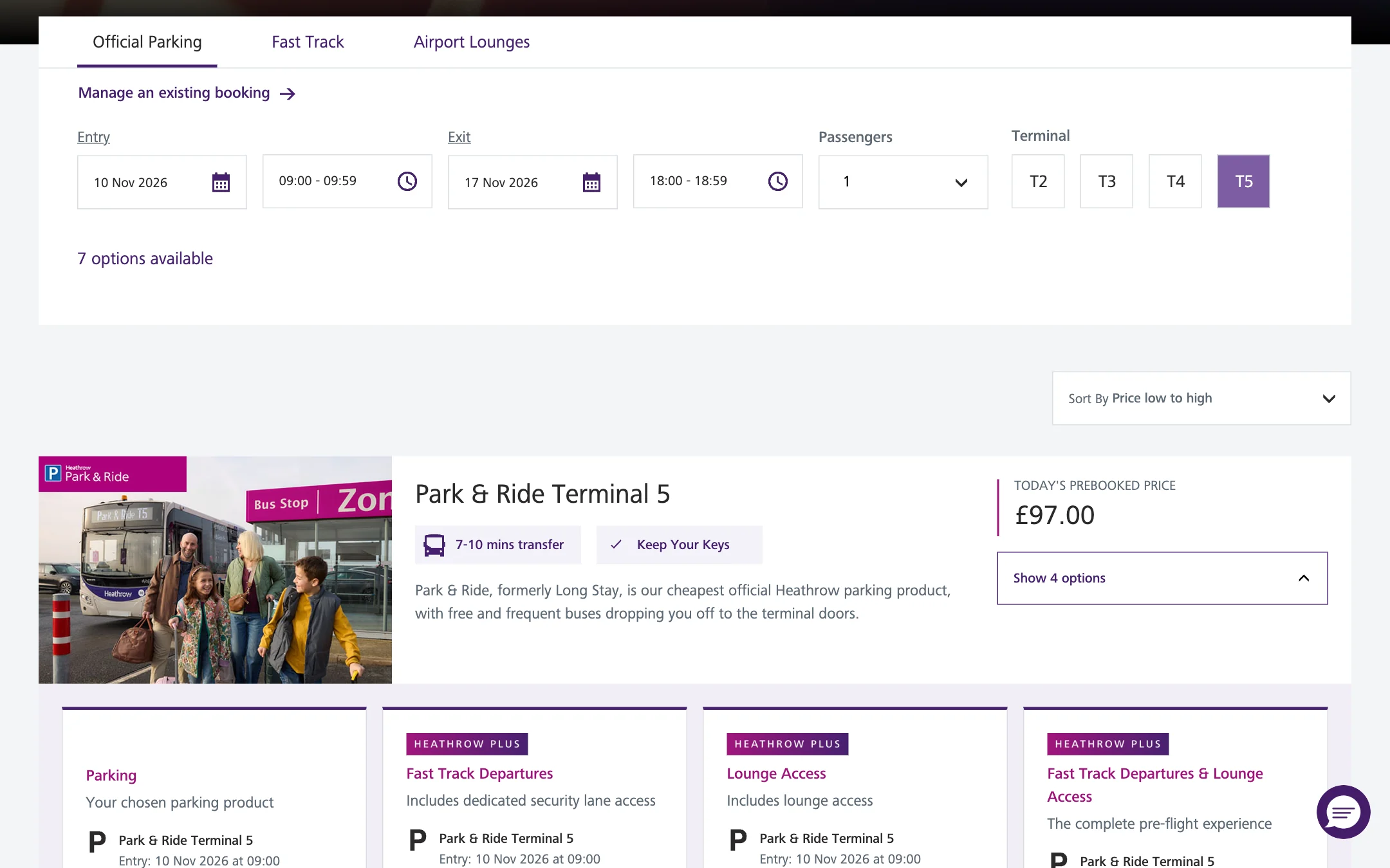 Quote results at Terminal 5 with a Park & Ride card expanded to show its options