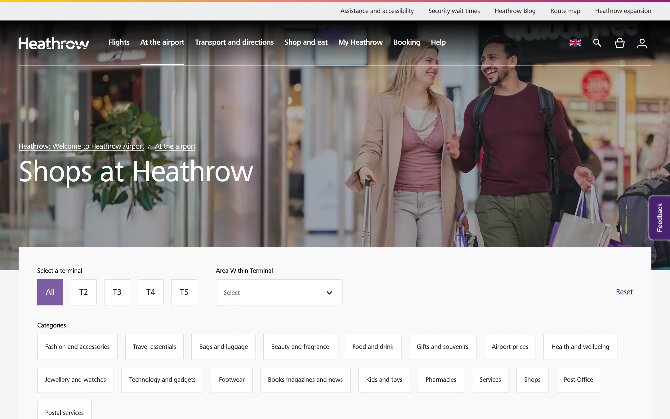 The Shops at Heathrow page: a purple title over a photograph of shoppers, terminal buttons from All to T5, an area selector and category chips
