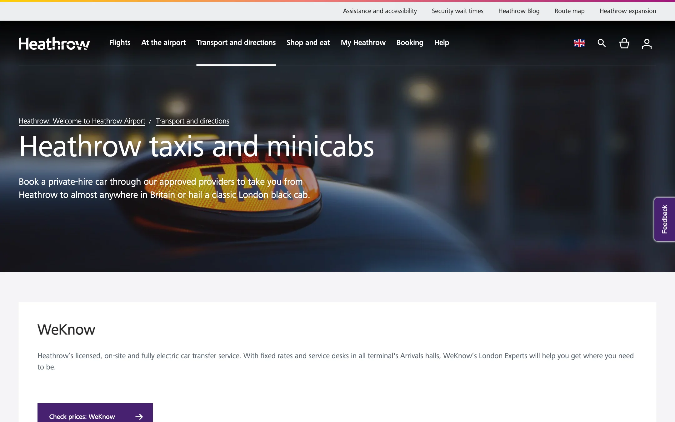 The Heathrow taxis and minicabs page opening, with an introduction to private hire and black cabs, followed by WeKnow and its Check prices button