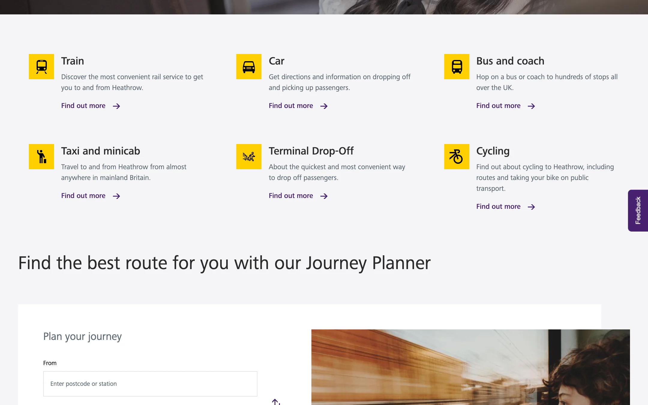 The six travel categories on the Transport and directions page, each with a yellow icon, a sentence and a Find out more link: Train, Car, Bus and coach, Taxi and minicab, Terminal Drop-Off and Cycling