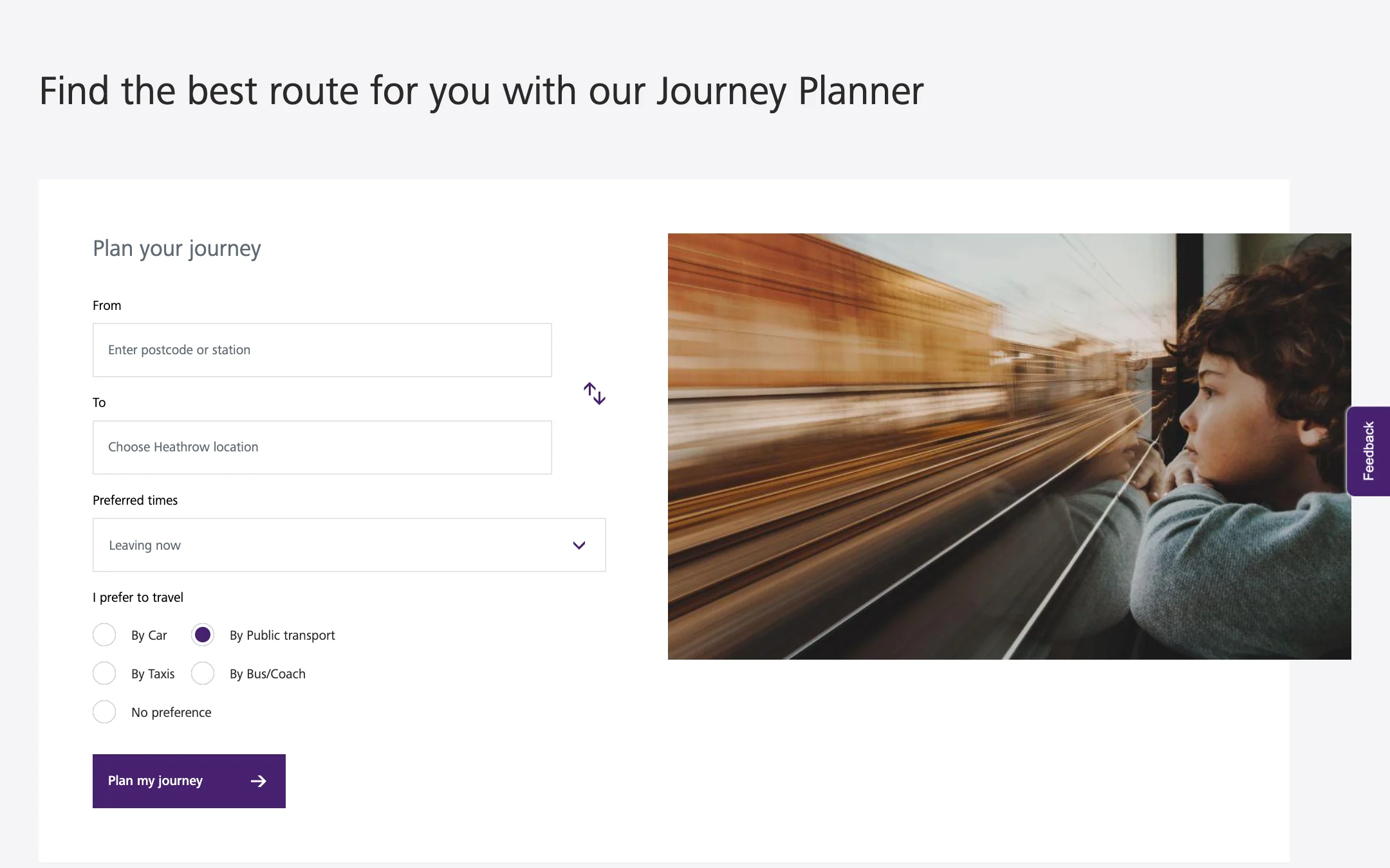 The Find the best route for you with our Journey Planner block: From, To, Preferred times, I prefer to travel, and a Plan my journey button beside a photograph of a child at a train window