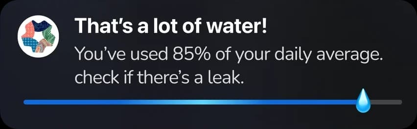 A lock screen notification: That's a lot of water! You've used 85% of your daily average. Check if there's a leak, with a water level bar