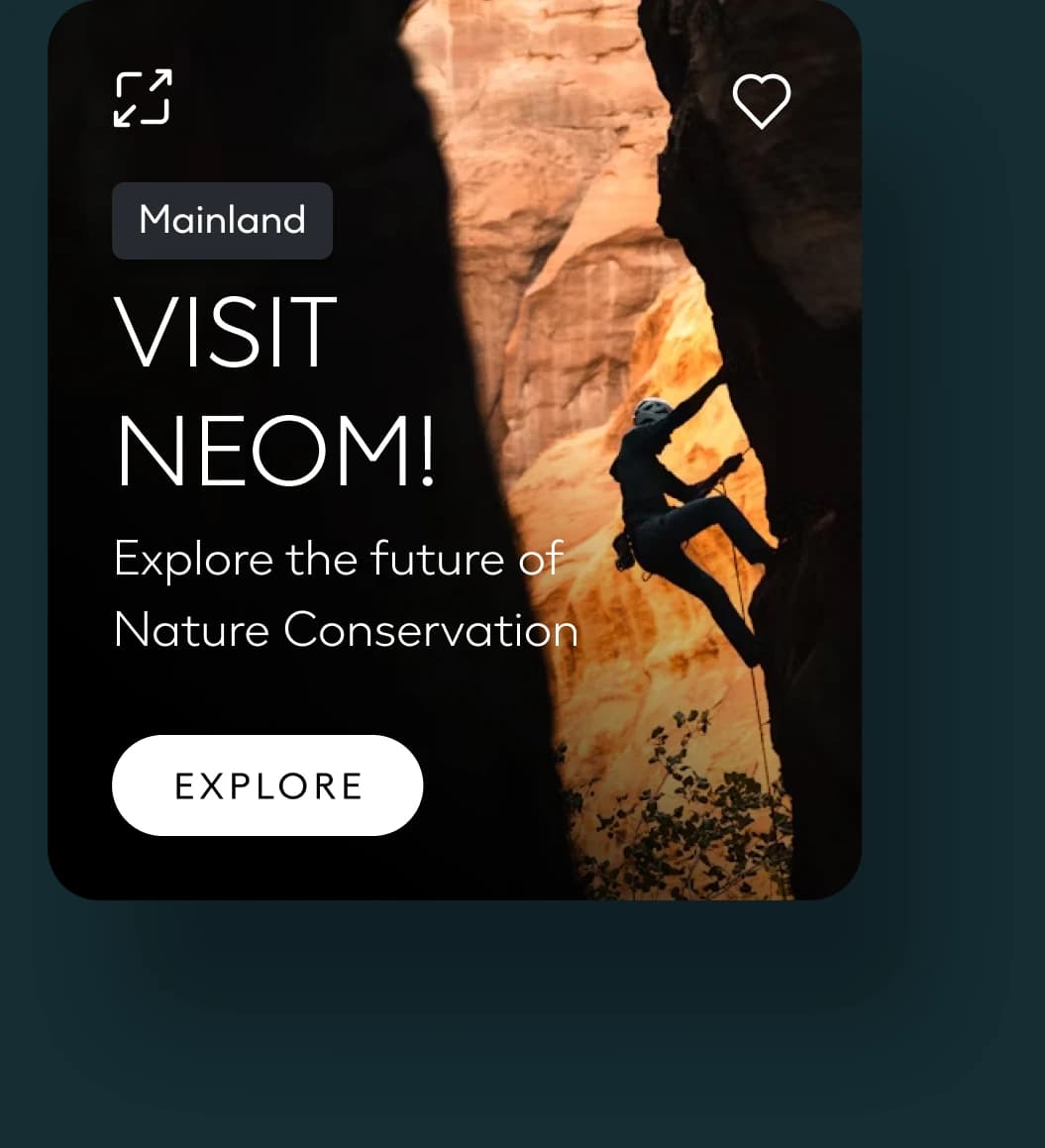 Mainland card with a climber on a sunlit canyon wall, titled Visit NEOM!