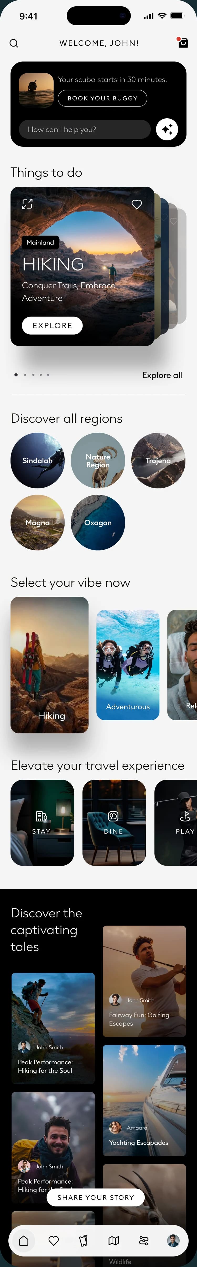 The NEOM app home screen from top to bottom: a welcome with the assistant, a stack of Things to do cards, five regions including Nature Region, vibes, travel services and a grid of visitor stories ending with Wildlife