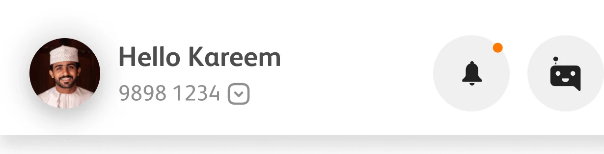 The top of the home: profile picture, Hello Kareem, the number 9898 1234, notifications and the Noor assistant