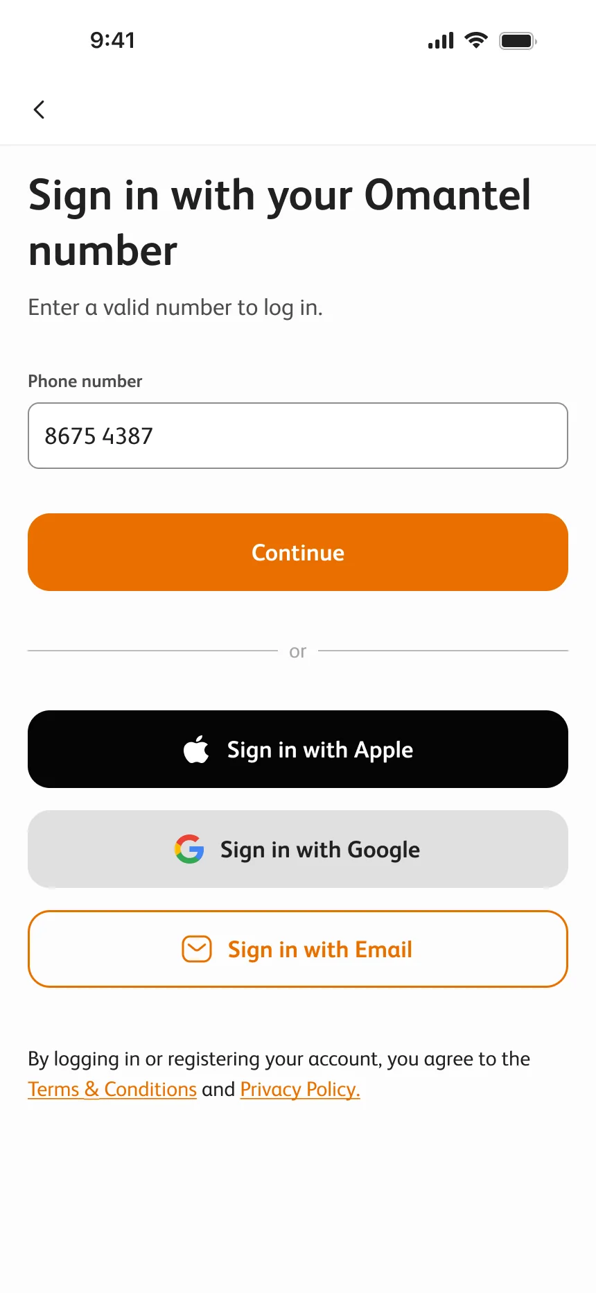 Sign in with your Omantel number: a phone number field, Continue, then Sign in with Apple, Google or email