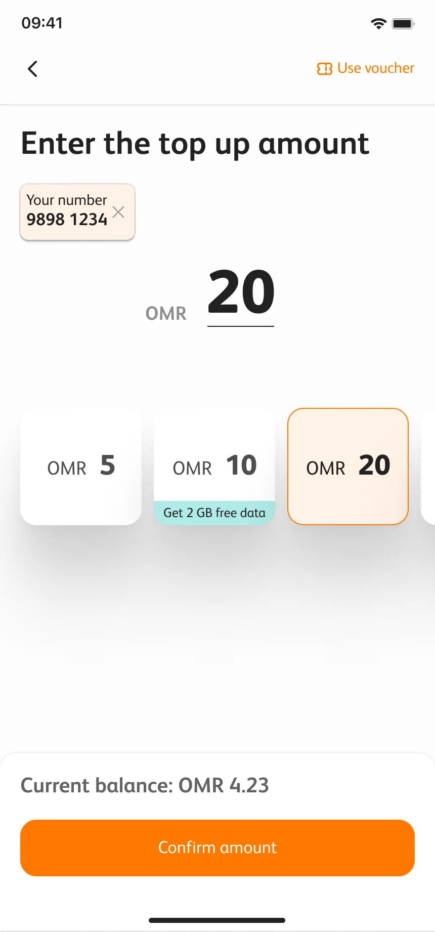 The amount set to 20 OMR, with Current balance: OMR 4.23 above Confirm amount