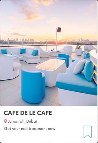 A place card: a rooftop lounge photograph, its name, Jumairah, Dubai, and an empty bookmark