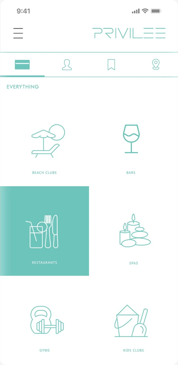 Everything: six categories drawn as teal line icons, Beach clubs, Bars, Restaurants (selected), Spas, Gyms and Kids clubs