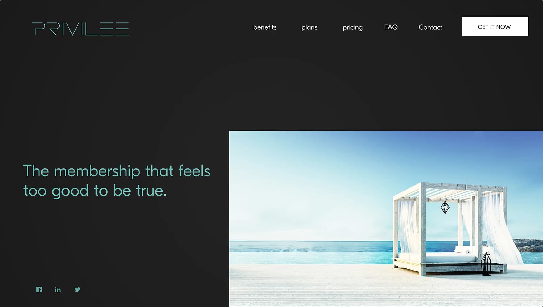 Landing page on charcoal: The membership that feels too good to be true, in teal, with the cabana photograph on the right