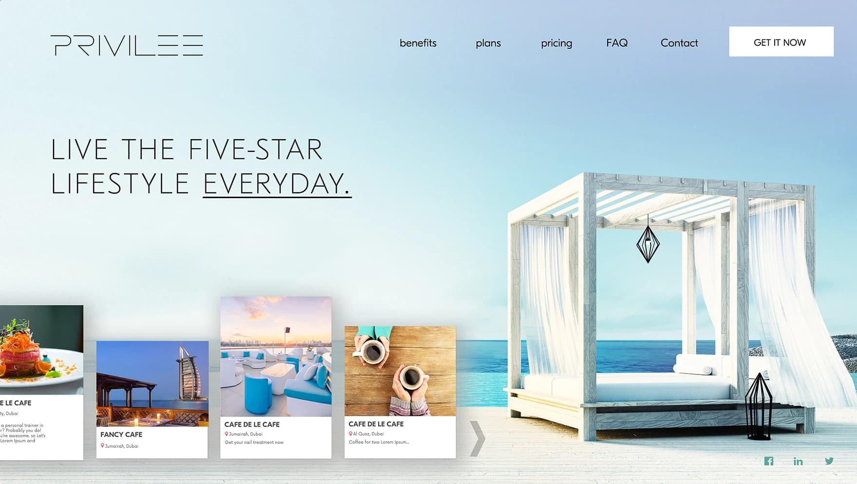 Landing page: Live the five-star lifestyle everyday, on a pale sky, with place cards along the bottom and the cabana on the right