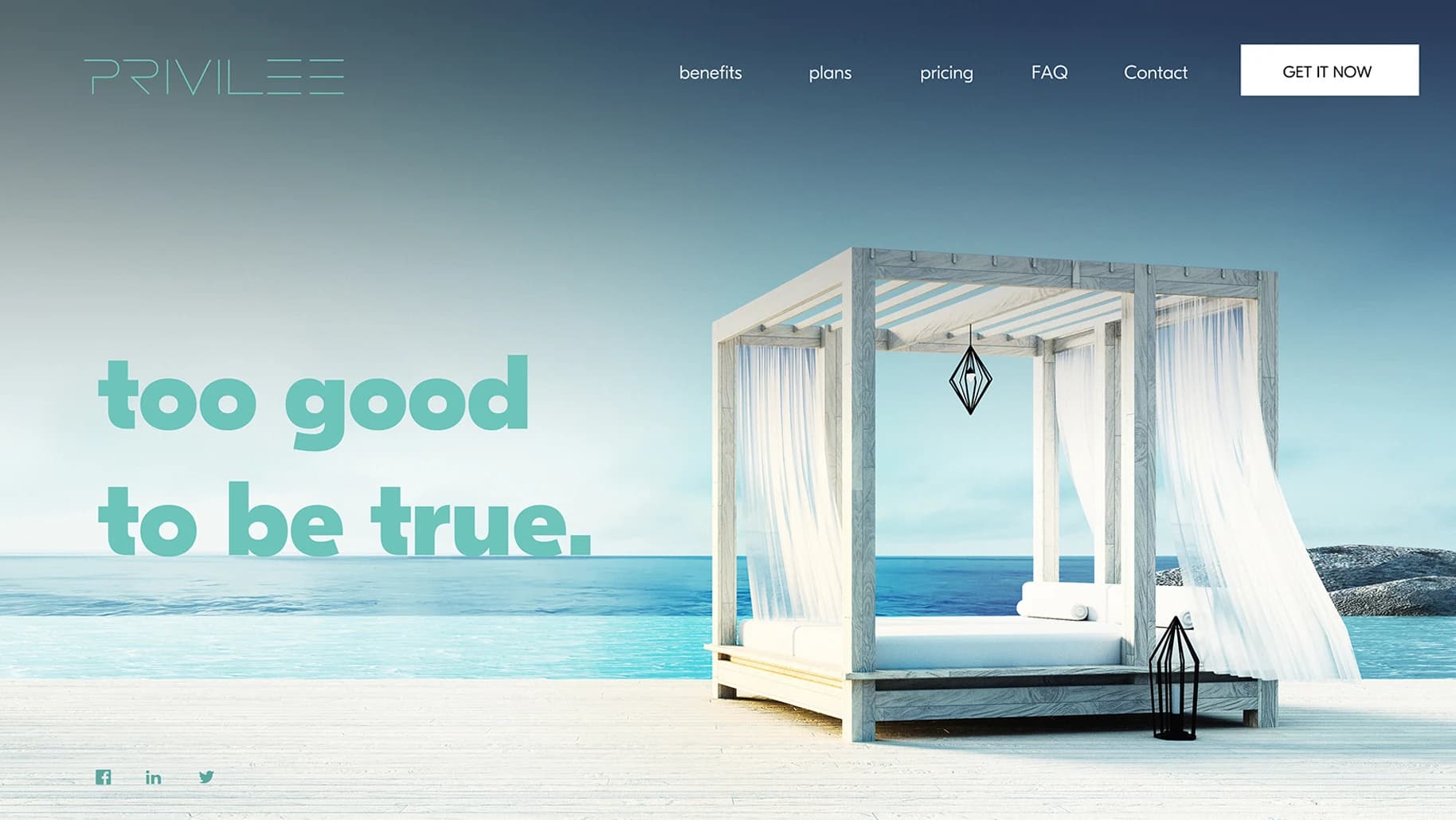 Landing page: too good to be true, in teal, beside a white cabana on a deck by the sea