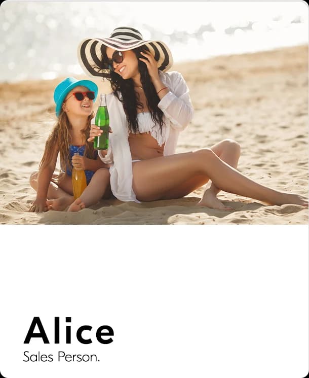 Persona card: Alice, sales person, photographed on a beach with her daughter