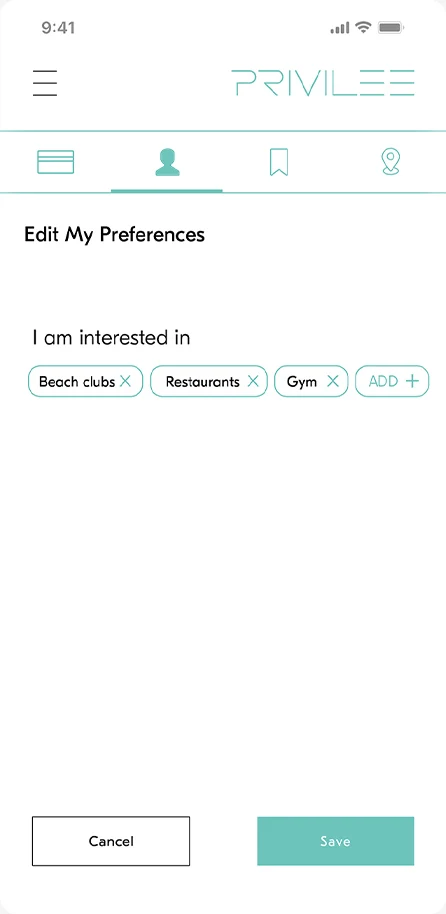 Edit My Preferences: I am interested in Beach clubs, Restaurants and Gym, with ADD, Cancel and Save