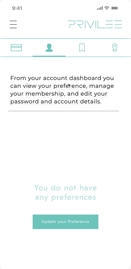 The account tab: You do not have any preferences, and an Update your Preference button