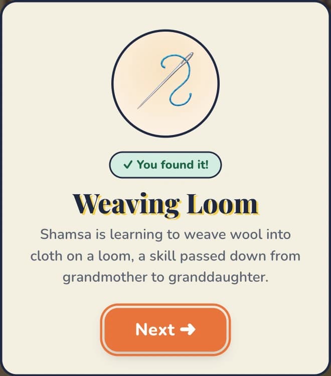 Lesson card: Weaving Loom. Shamsa is learning to weave wool into cloth on a loom, a skill passed down from grandmother to granddaughter.