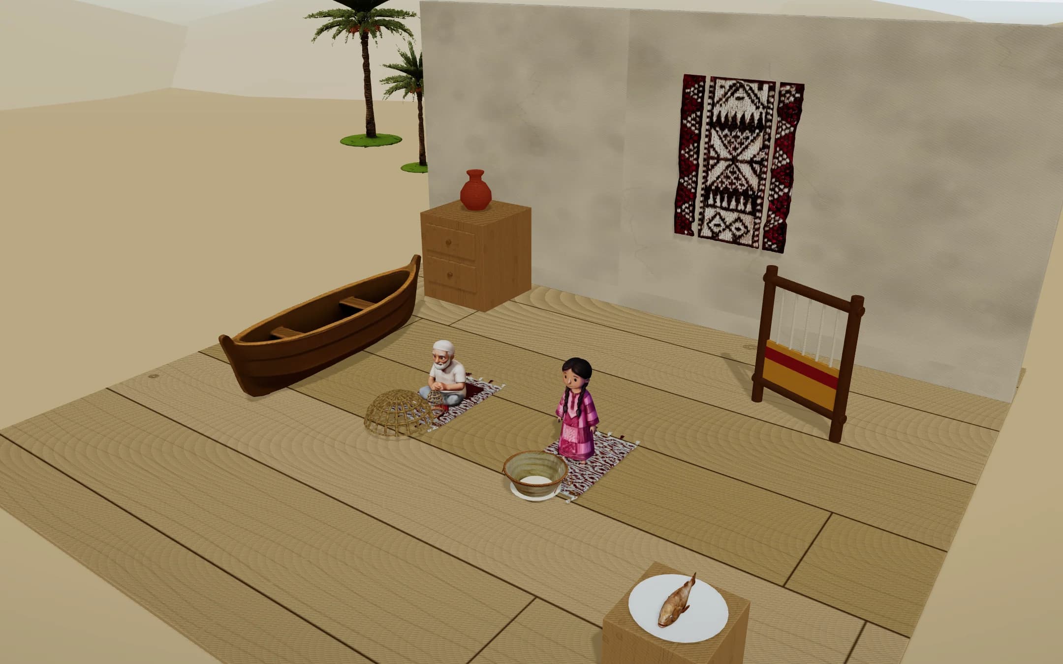 The 3D room without the interface: a boat, a chest with a clay jar, a sadu rug on the wall, a loom, Bu Ahmed with a fish trap, Shamsa beside a basket, and a plate of fish
